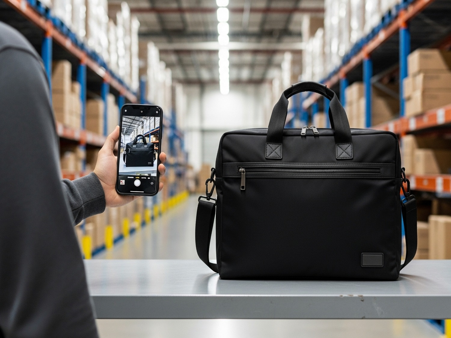 A warehouse operator holds a phone in both hands, framing a premium black executive travel bag on their work table in the phone's camera viewfinder. Shipping boxes and shelving blur out behind them.