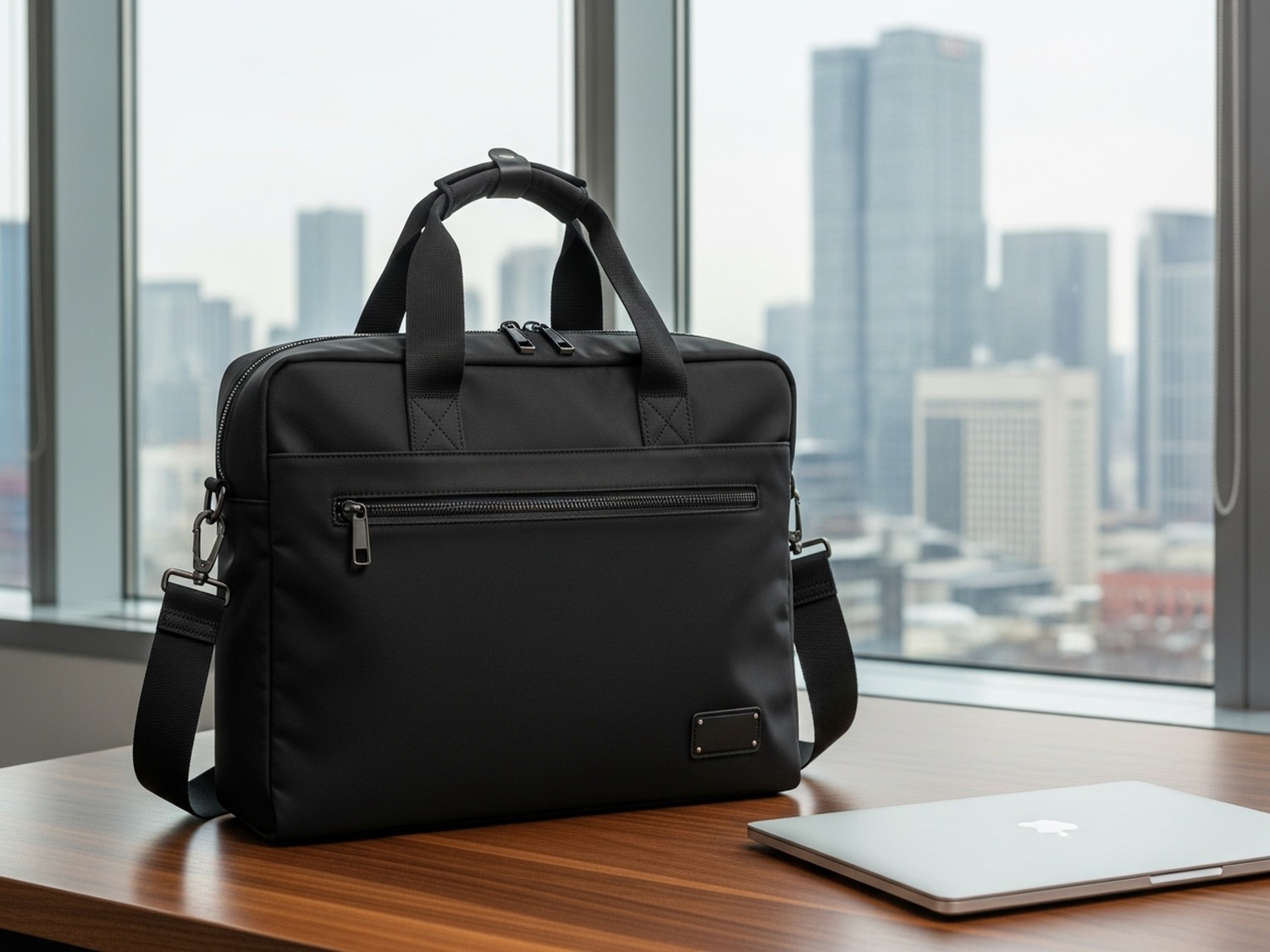 The same bag on a warm walnut desk in a premium executive office, a slim silver laptop beside it, a modern city skyline softly out of focus through floor-to-ceiling windows.