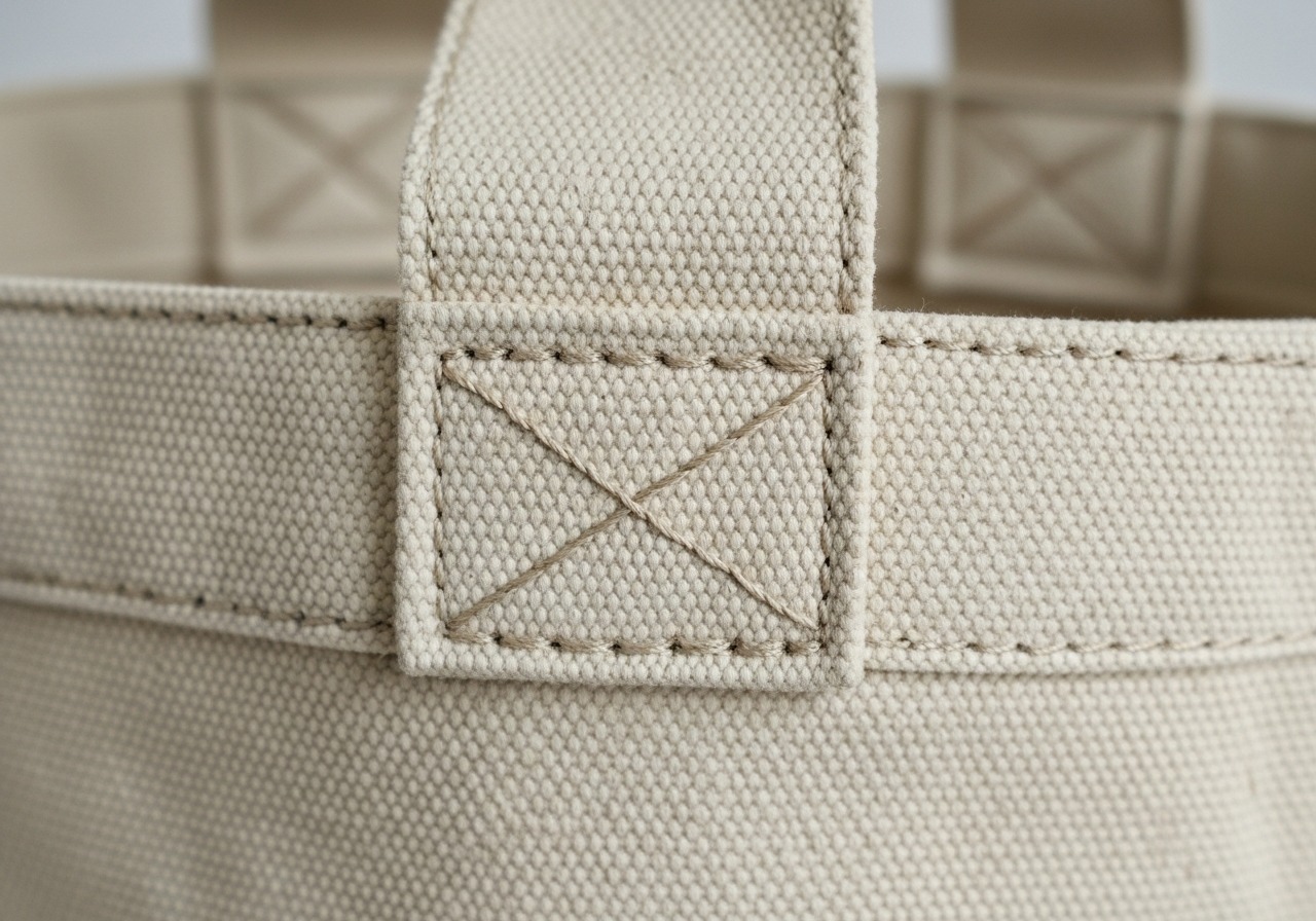A close-up detail shot of the tote bag's handle stitching and canvas weave.