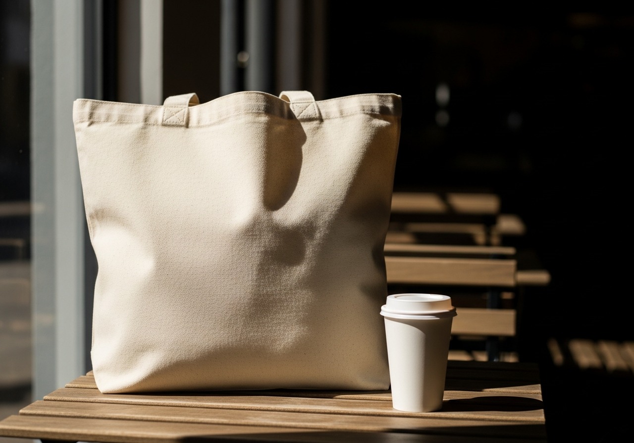 The tote bag resting on a wooden café table beside a takeaway cup in natural morning light.