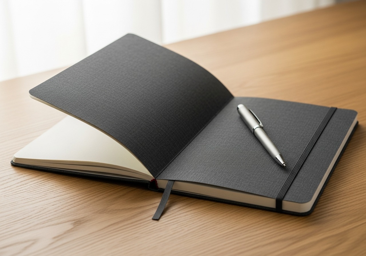The same notebook rendered as a lifestyle scene on a light oak desk in morning window light.