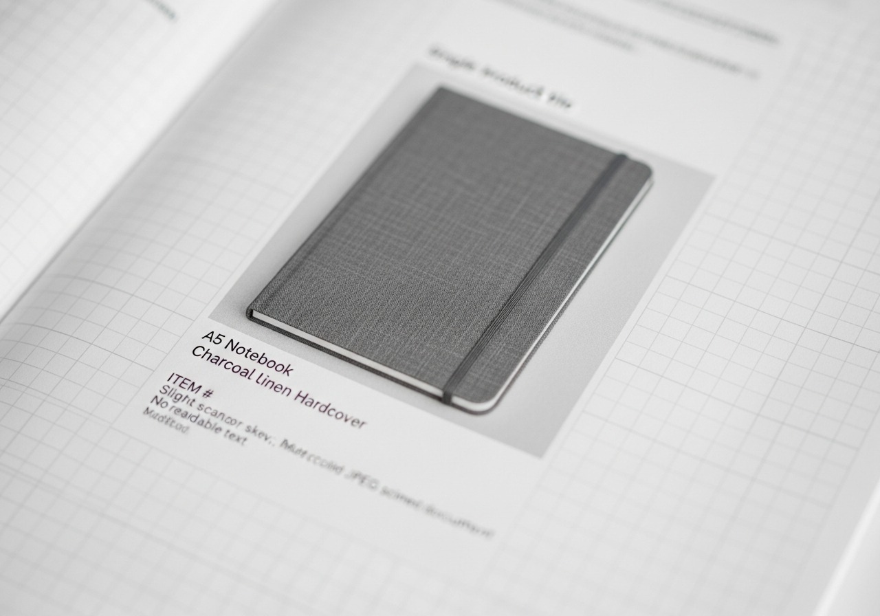 A supplier-PDF product tile showing a notebook with compressed print-quality imagery and small specification text.