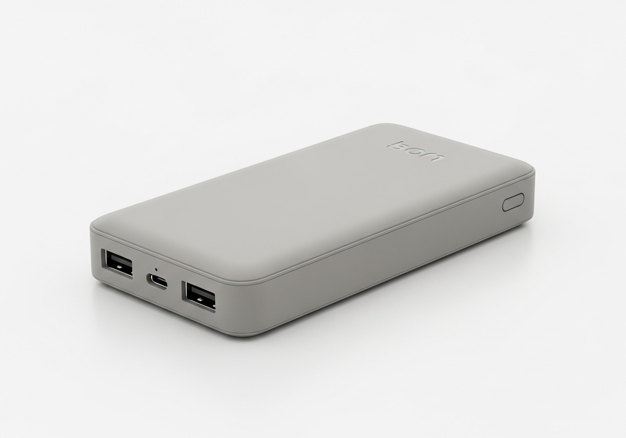 The same power bank re-shot on a clean white sweep with controlled soft light and a natural contact shadow.