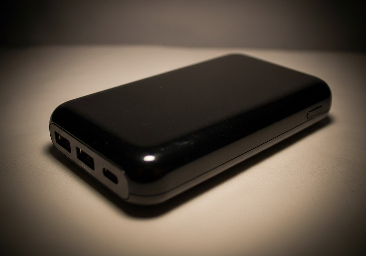 A power bank photographed in an older circa-2012 style with dim incandescent lighting and uneven white background.