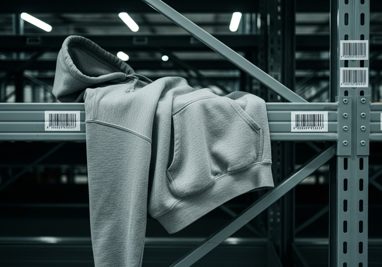 A corporate hoodie resting on a warehouse shelf under fluorescent overhead light, metal shelving partially in frame.